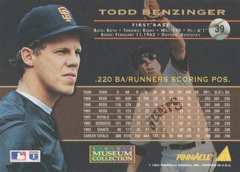 1994 Pinnacle - Museum Collection #39 Todd Benzinger Back