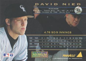 1994 Pinnacle - Museum Collection #43 David Nied Back