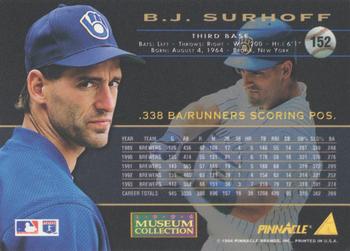 1994 Pinnacle - Museum Collection #152 B.J. Surhoff Back