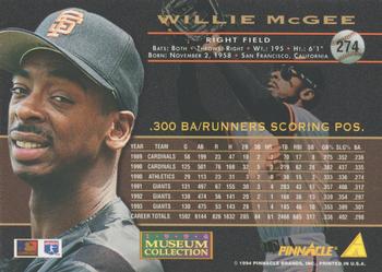 1994 Pinnacle - Museum Collection #274 Willie McGee Back