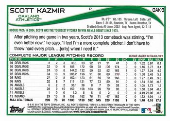 2014 Topps Oakland Athletics #OAK3 Scott Kazmir Back