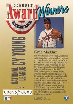 1994 Donruss - Award Winners Jumbo #2 Greg Maddux Back