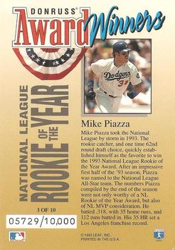1994 Donruss - Award Winners Jumbo #3 Mike Piazza Back