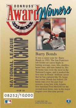 1994 Donruss - Award Winners Jumbo #4 Barry Bonds Back