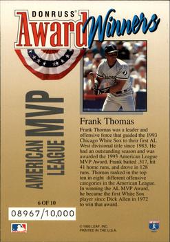 1994 Donruss - Award Winners Jumbo #6 Frank Thomas Back