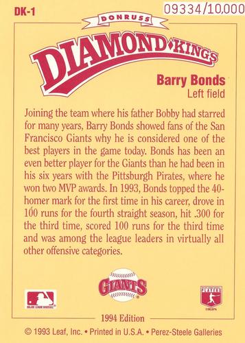 1994 Donruss - Diamond Kings Jumbo #DK-1 Barry Bonds Back
