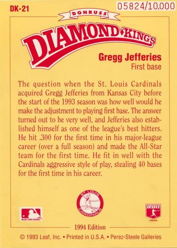 1994 Donruss - Diamond Kings Jumbo #DK-21 Gregg Jefferies Back