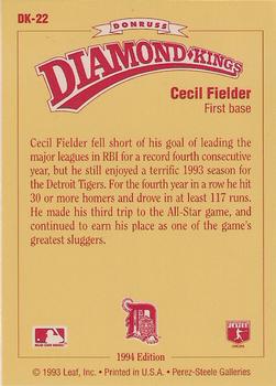 1994 Donruss - Diamond Kings Jumbo #DK-22 Cecil Fielder Back