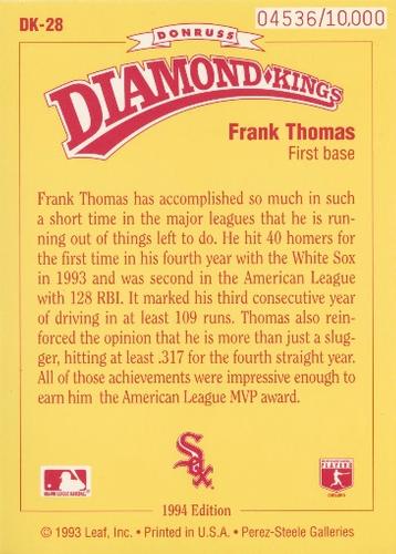 1994 Donruss - Diamond Kings Jumbo #DK-28 Frank Thomas Back