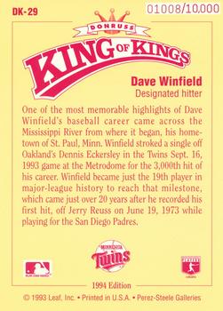 1994 Donruss - Diamond Kings Jumbo #DK-29 Dave Winfield Back