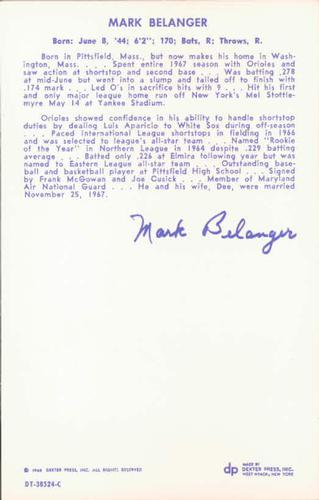 1968 Dexter Press Baltimore Orioles #1 Mark Belanger Back