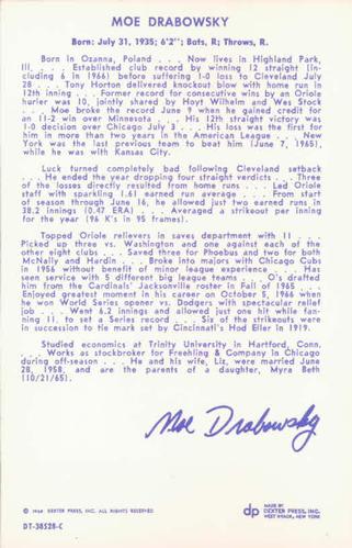 1968 Dexter Press Baltimore Orioles #5 Moe Drabowsky Back