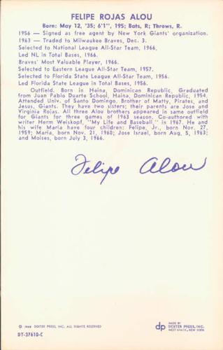 1968 Dexter Press Atlanta Braves #2 Felipe Alou Back