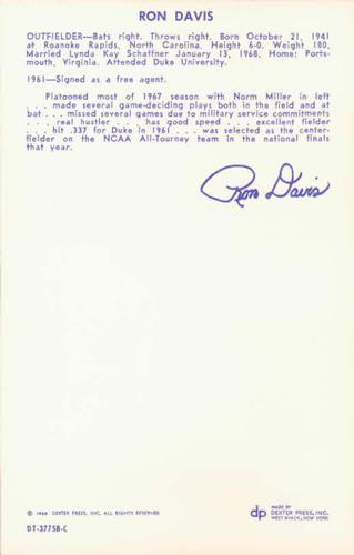 1968 Dexter Press Houston Astros #5 Ron Davis Back