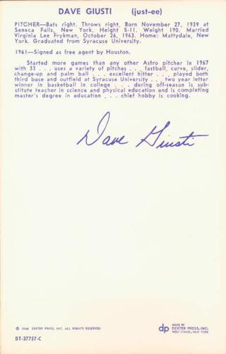 1968 Dexter Press Houston Astros #6 Dave Giusti Back