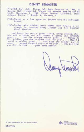 1968 Dexter Press Houston Astros #8 Denny Lemaster Back