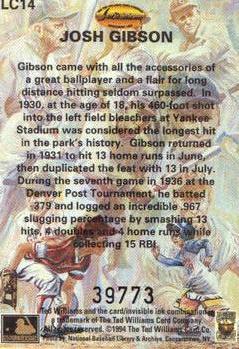 1994 Ted Williams - Gene Locklear Collection #LC14 Josh Gibson Back