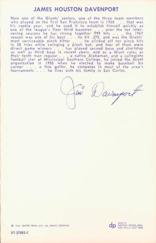 1968 Dexter Press San Francisco Giants #3 Jim Davenport Back