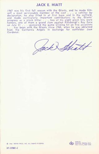 1968 Dexter Press San Francisco Giants #5 Jack Hiatt Back