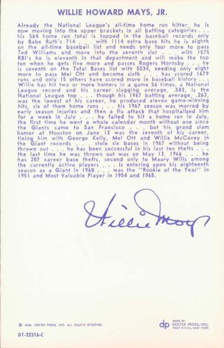 1968 Dexter Press San Francisco Giants #9 Willie Mays Back