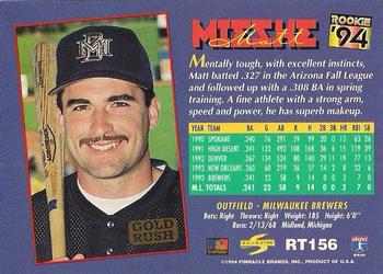 1994 Score Rookie & Traded - Gold Rush #RT156 Matt Mieske Back