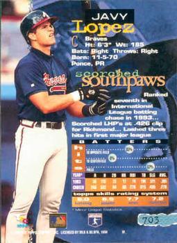 1994 Stadium Club - Members Only #703 Javy Lopez Back