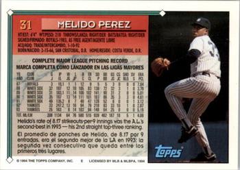 1994 Topps Bilingual #31 Melido Perez Back