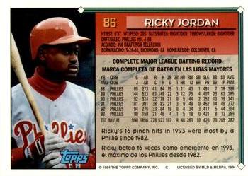 1994 Topps Bilingual #86 Ricky Jordan Back