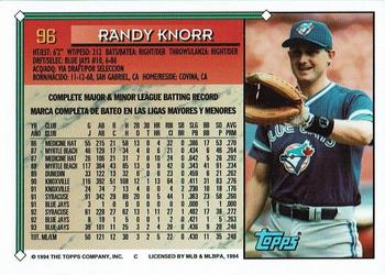 1994 Topps Bilingual #96 Randy Knorr Back