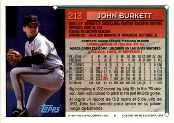 1994 Topps Bilingual #213 John Burkett Back