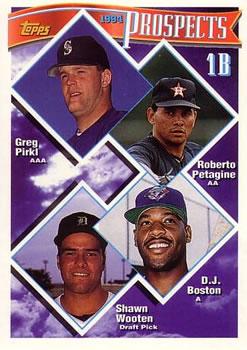 1994 Topps Bilingual #448 1B Prospects (Greg Pirkl / Roberto Petagine / D.J. Boston / Shawn Wooten) Front