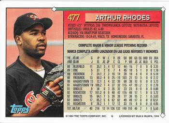 1994 Topps Bilingual #477 Arthur Rhodes Back