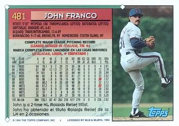 1994 Topps Bilingual #481 John Franco Back