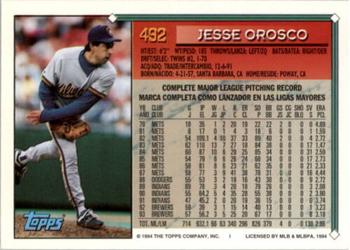 1994 Topps Bilingual #492 Jesse Orosco Back
