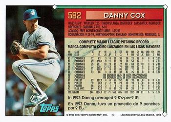 1994 Topps Bilingual #582 Danny Cox Back