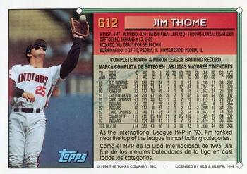 1994 Topps Bilingual #612 Jim Thome Back