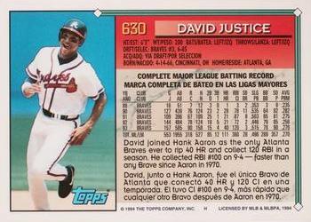 1994 Topps Bilingual #630 David Justice Back