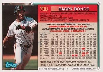 1994 Topps Bilingual #700 Barry Bonds Back