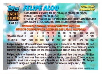 1994 Topps Bilingual - Topps Leyendas (Topps Legends) #1 Felipe Alou Back