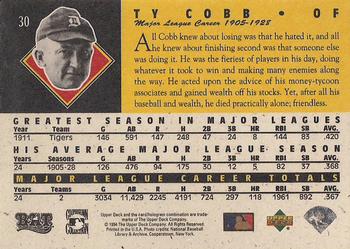 1994 Upper Deck All-Time Heroes - 125th Anniversary #30 Ty Cobb Back