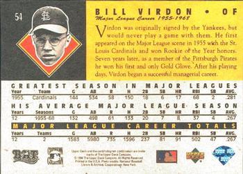 1994 Upper Deck All-Time Heroes - 125th Anniversary #54 Bill Virdon Back