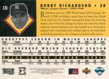 1994 Upper Deck All-Time Heroes - 125th Anniversary #131 Bobby Richardson Back