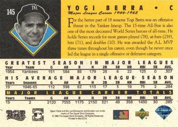 1994 Upper Deck All-Time Heroes - 125th Anniversary #145 Yogi Berra Back