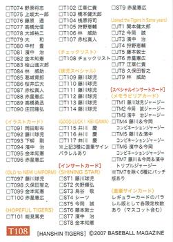 2007 BBM Hanshin Tigers #T108 Checklist Back