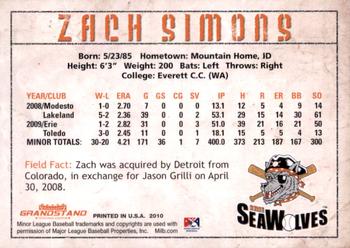2010 Grandstand Erie SeaWolves #NNO Zach Simons Back