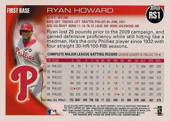 2010 Topps - Factory Set Limited Edition (Retail) #RS1 Ryan Howard   Back
