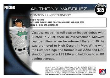 2010 Topps Pro Debut #385 Anthony Vasquez Back