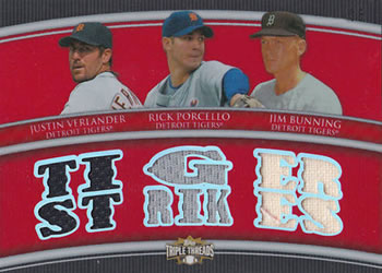2010 Topps Triple Threads - Relic Combos #TTRC-54 Justin Verlander / Rich Porcello / Jim Bunning Front