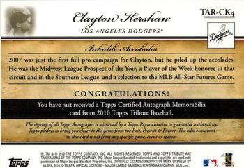 2010 Topps Tribute - Autograph Relics #TAR-CK4 Clayton Kershaw Back