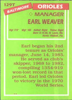 1985 Topps Traded #129T Earl Weaver Back